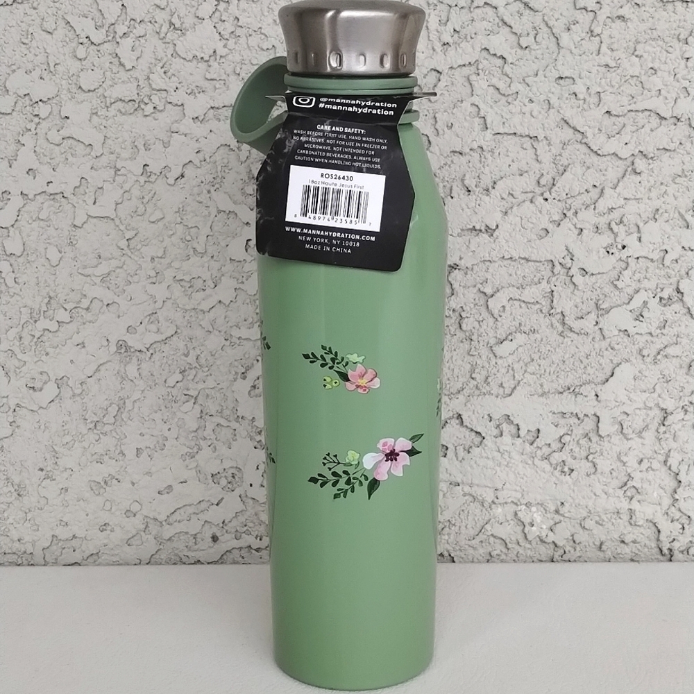 Manna Haute Green Stainless Steel Water Bottle Floral "But First Jesus" 18 Oz - Picture 5 of 13